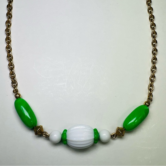 Avon Jewelry - Vintage Signed AVON White/Green Lucite Beads Gold Tone